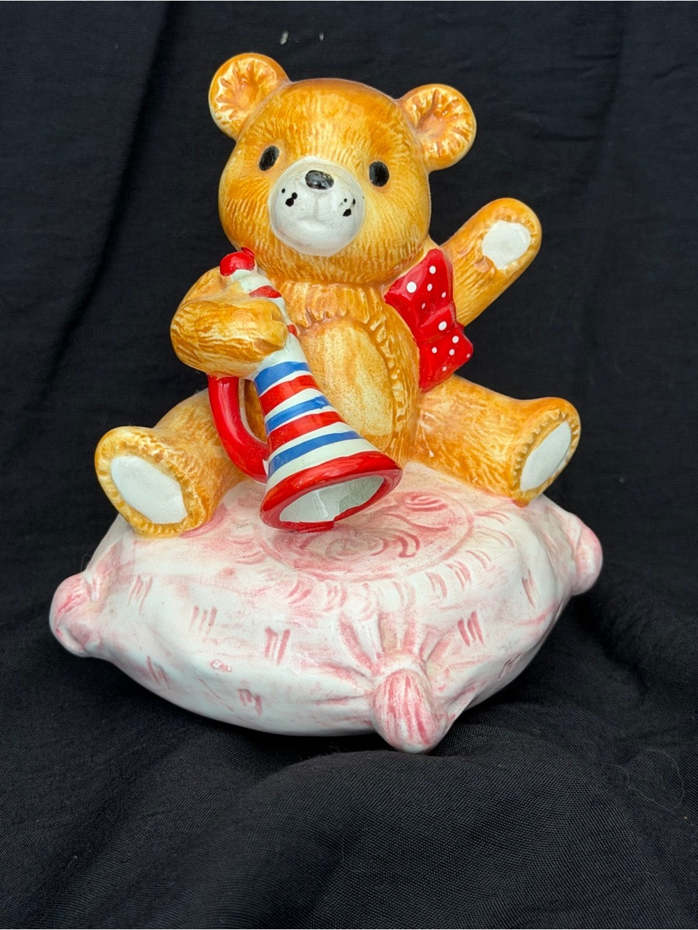 Schmid Ceramic Teddy Bear Figurine with trumpet plays “ HelloDolly”